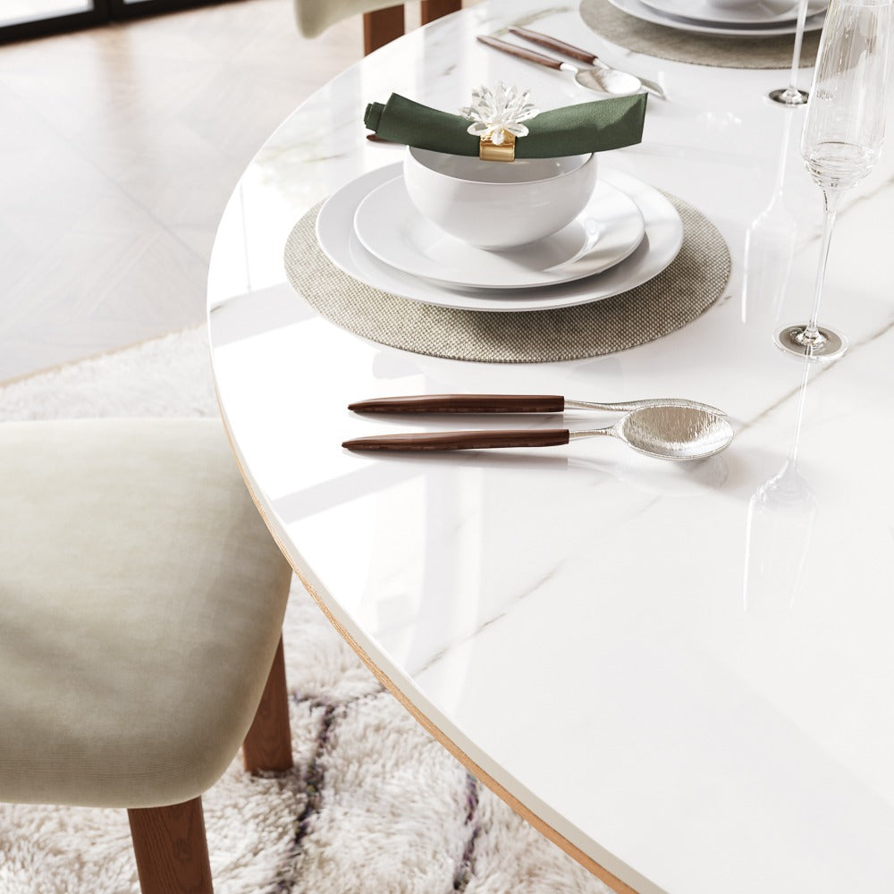 Glossy white sintered stone tabletop with place setting