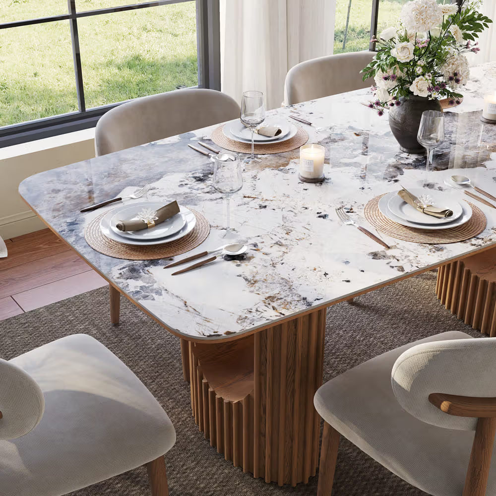Silva – Table à manger moderne du milieu du siècle en pierre frittée brillante