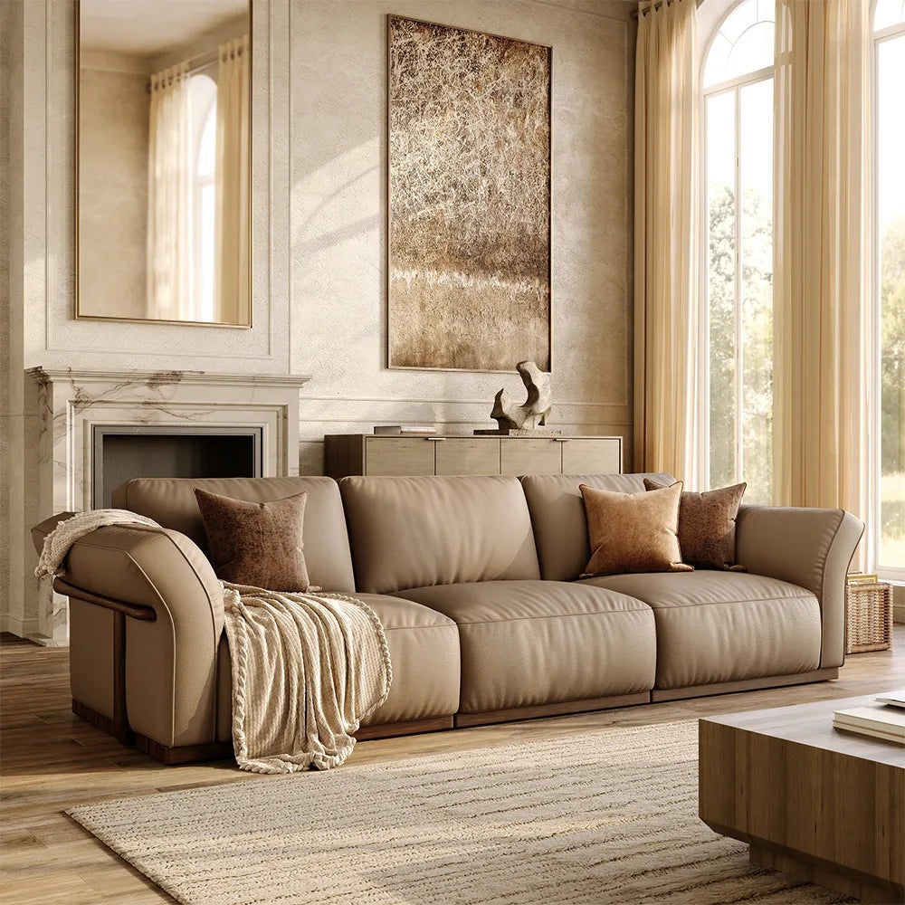 3-seat khaki genuine leather modular sofa with solid wood frame in a living room
