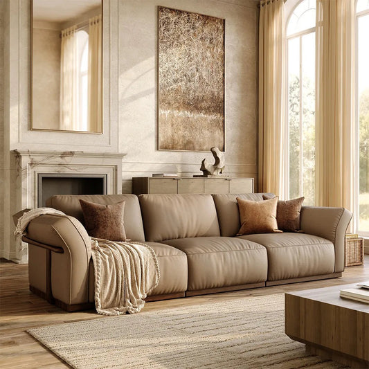 3-seat khaki genuine leather modular sofa with solid wood frame in a living room