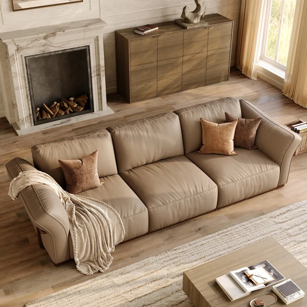 3-seat khaki genuine leather modular sofa, angled living room view