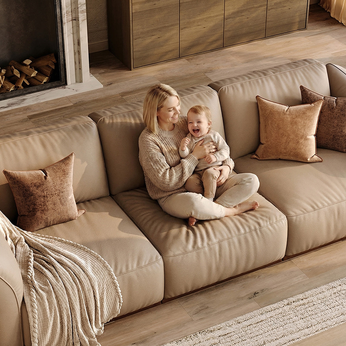 Khaki genuine leather 3-seat modular sofa in a family living room