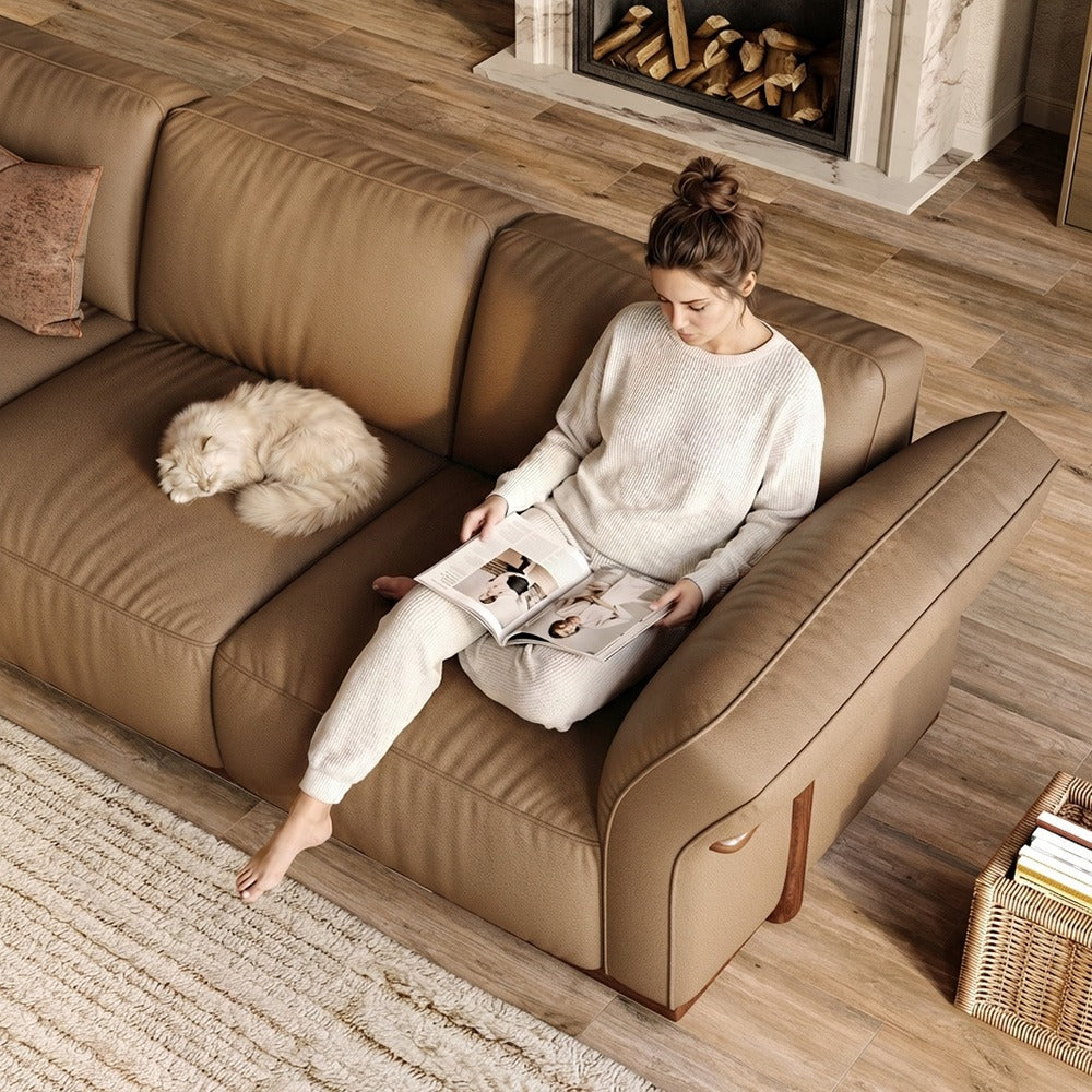 Khaki genuine leather 3-seat modular sofa, relaxed seating