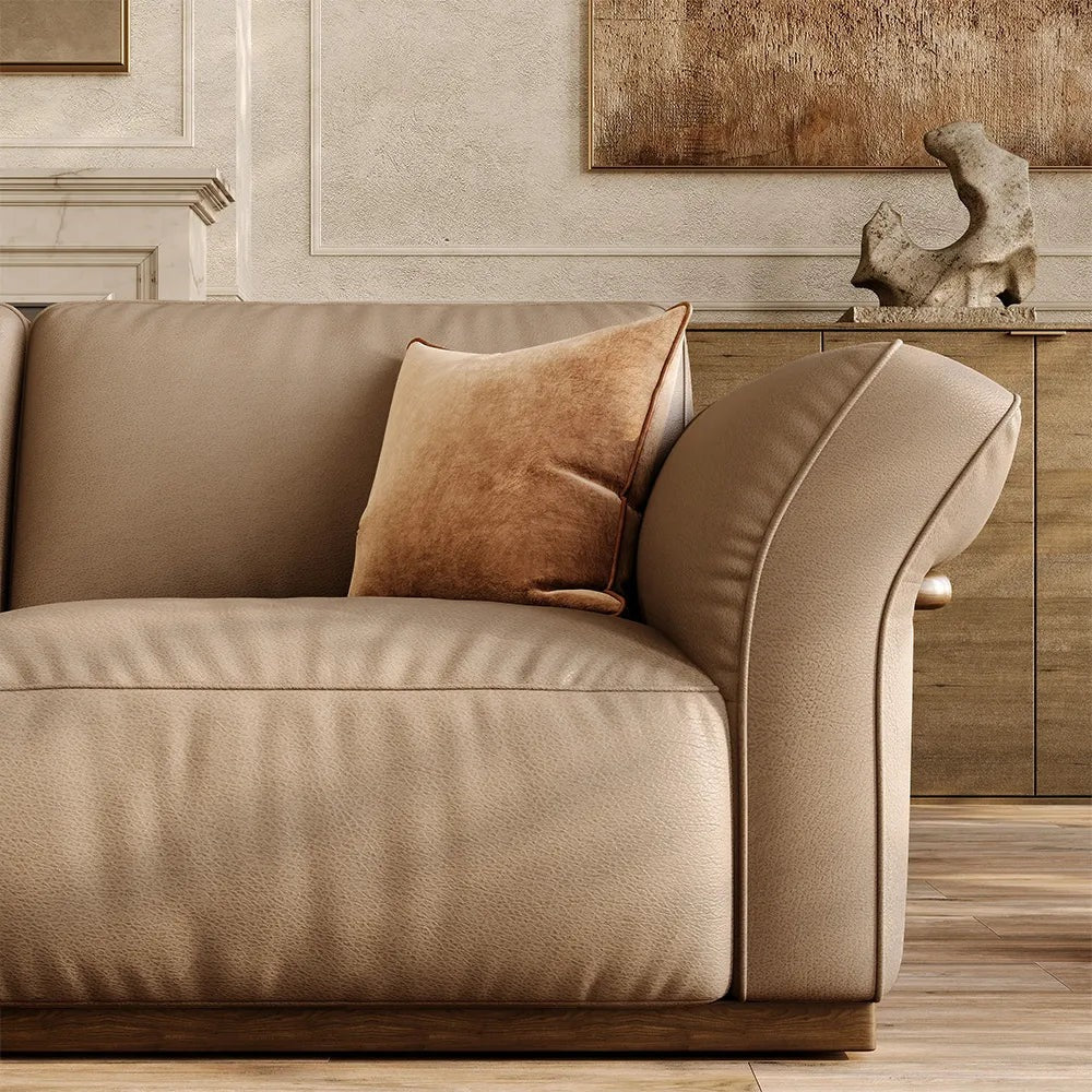 Khaki genuine leather sofa armrest detail