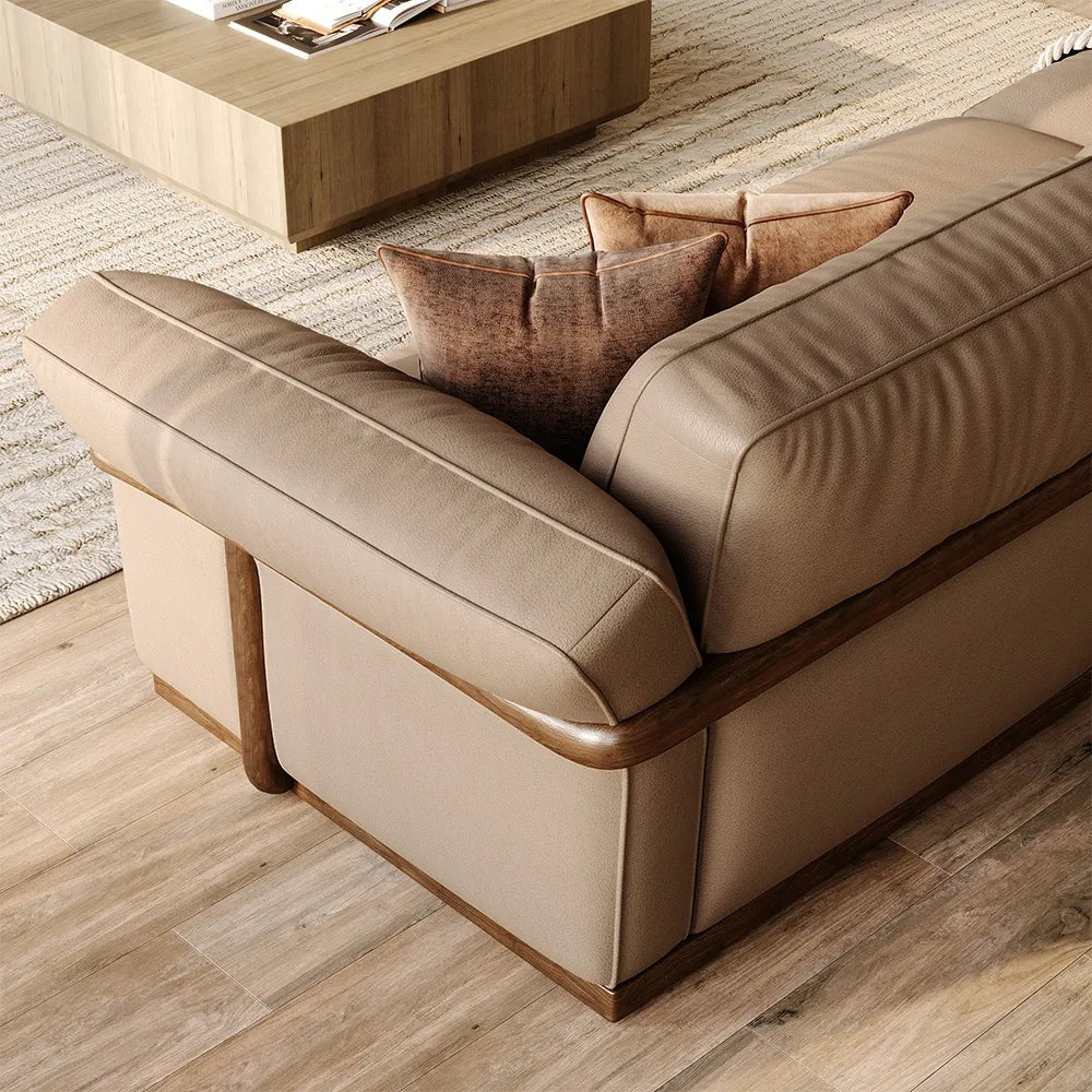 Khaki genuine leather sofa armrest and solid wood base detail
