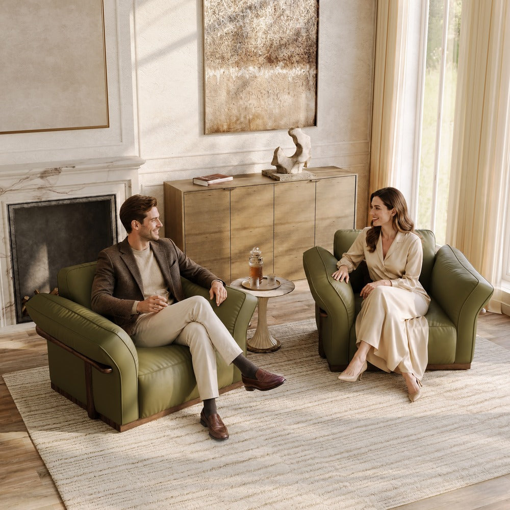 Green leather accent chairs shown as a pair in a living room (each chair sold individually)
