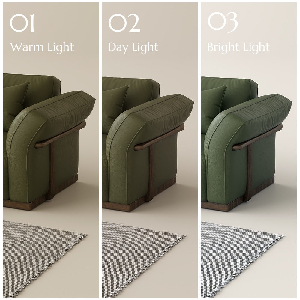 Green leather colour shown in warm, day and bright light