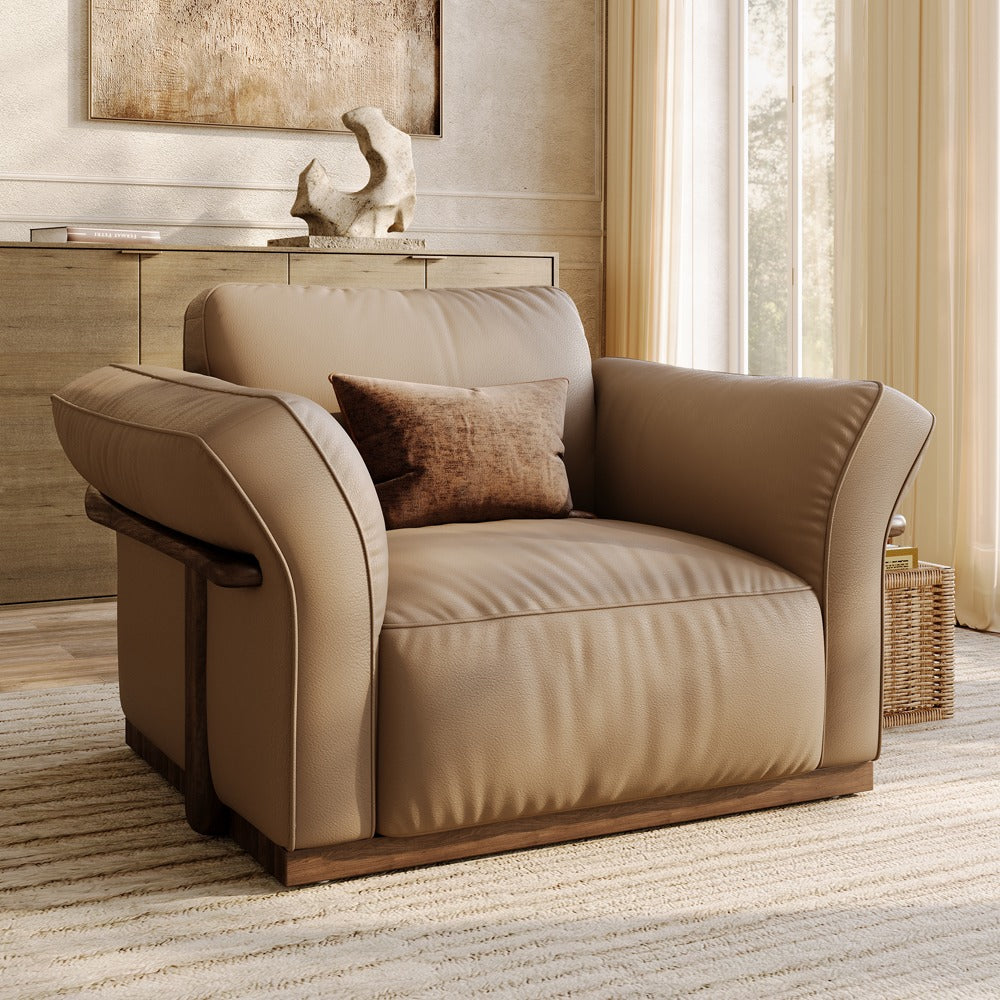Khaki top-grain leather accent chair with solid wood frame in a living room