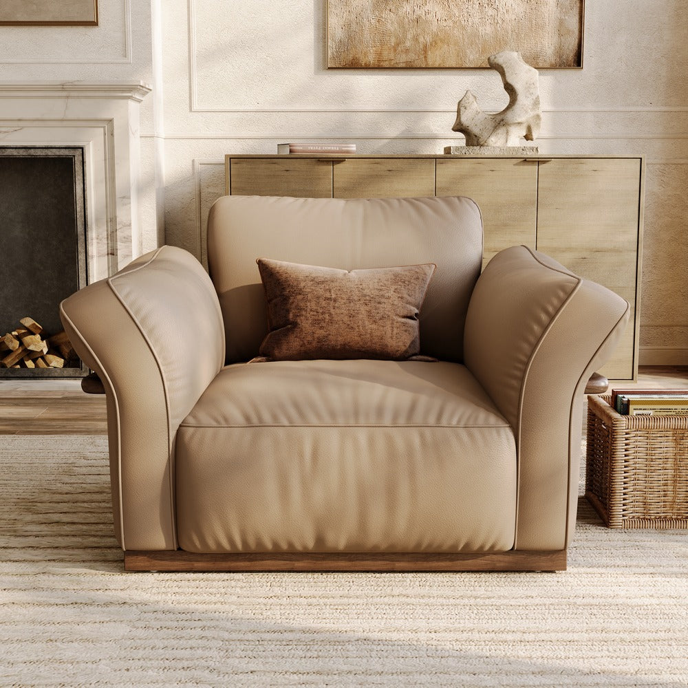 Khaki leather accent chair, front view in a living room