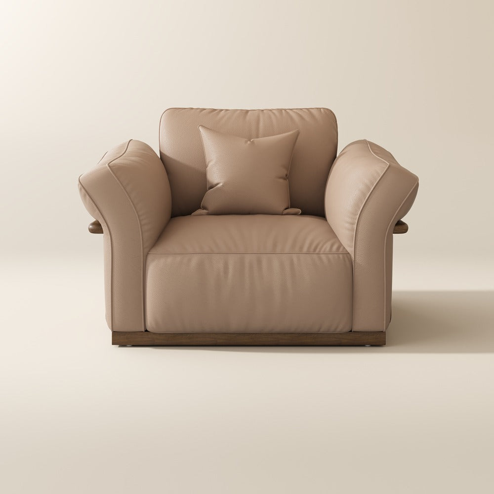 Khaki top-grain leather accent chair, front view on a plain background