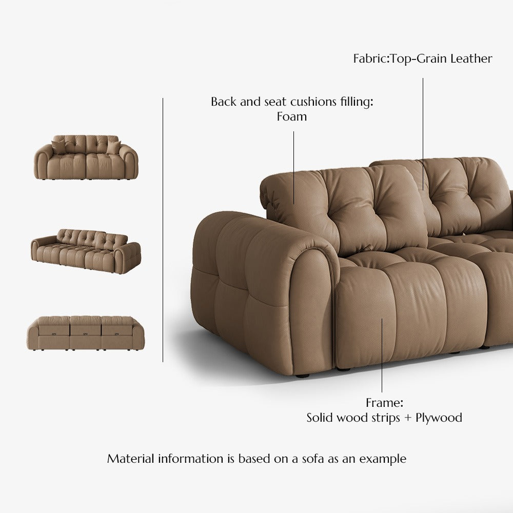 Khaki leather tufted sofa materials: top-grain leather, foam cushions, solid wood strips and plywood frame
