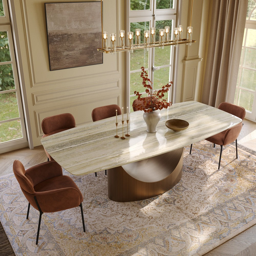 94.5" rectangular yellow marble dining table with curved bronze pedestal base in a dining room (chairs not included)