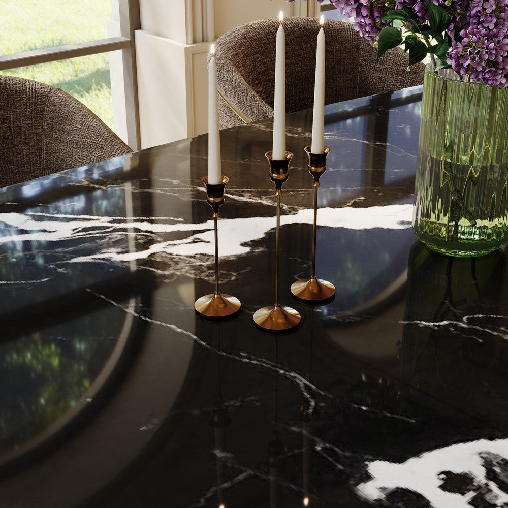 Glossy black marble tabletop surface and veining detail