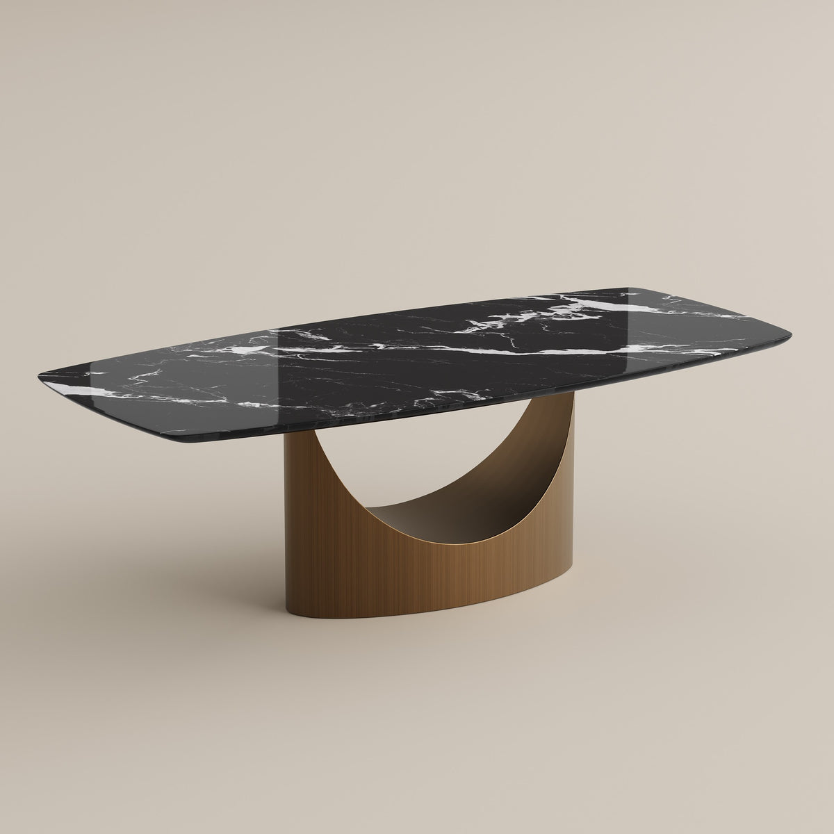 94.5" rectangular black marble dining table with bronze pedestal base, studio view