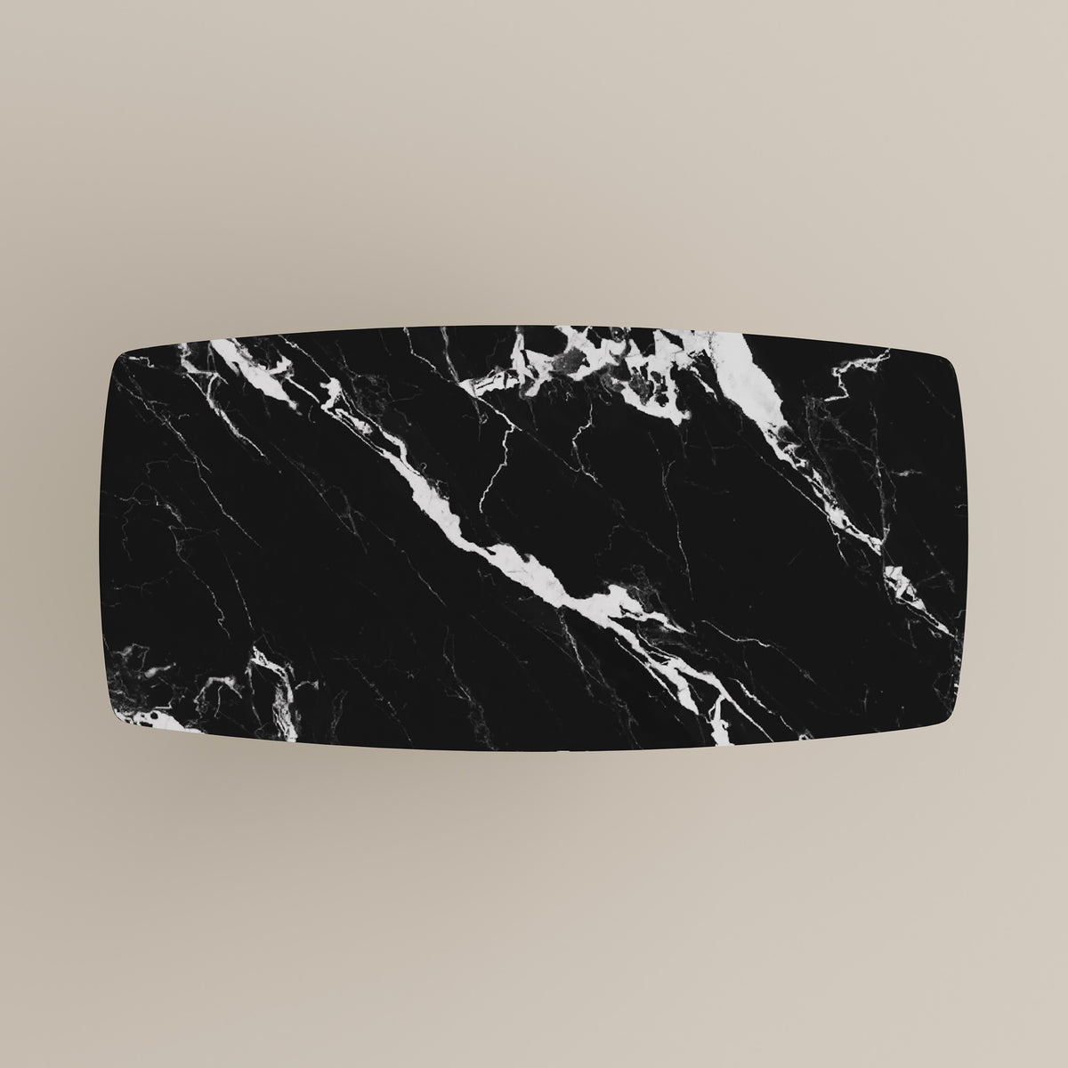 Top view of black marble rectangular tabletop with white veining