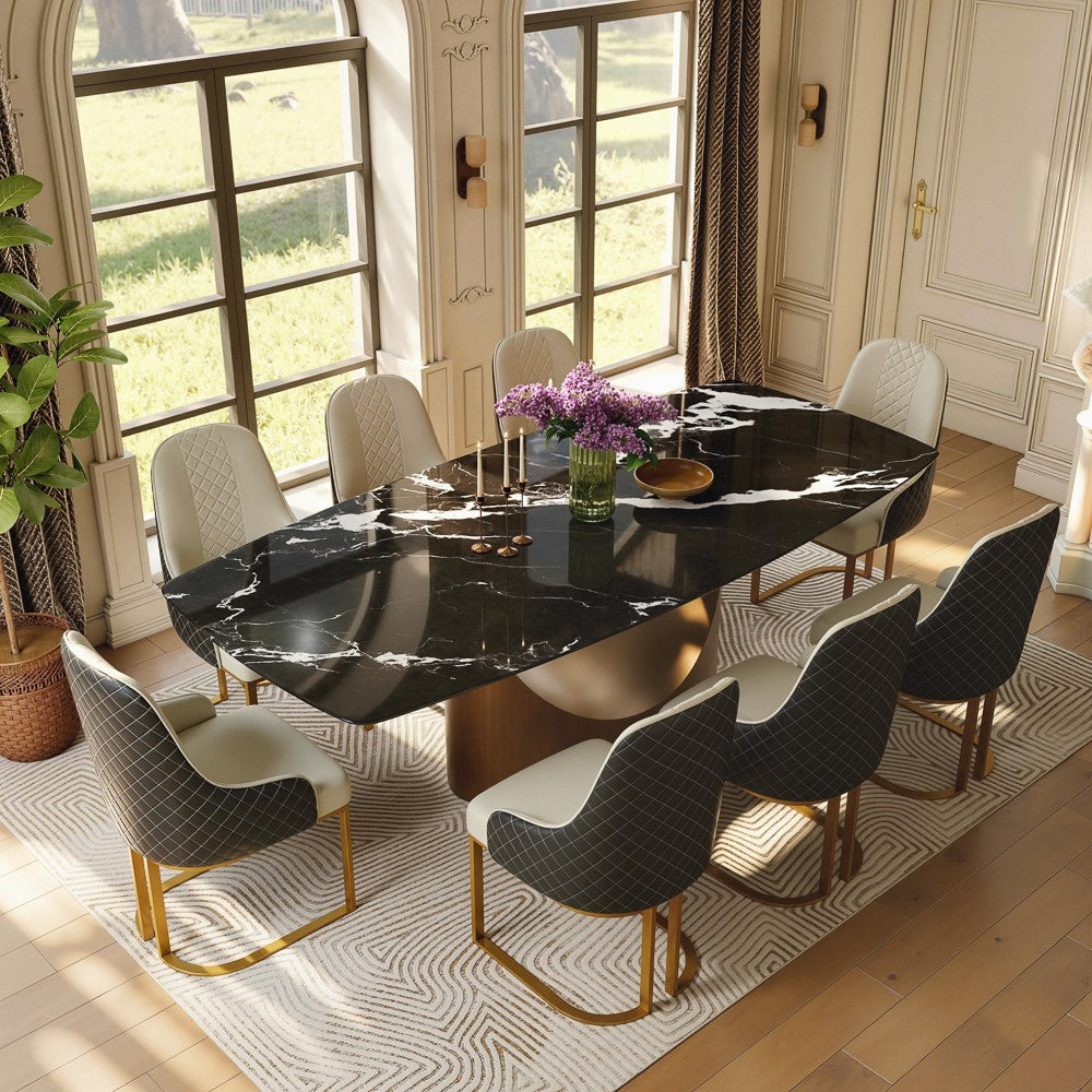 Black marble rectangular dining table, elevated view in a dining room (chairs not included)