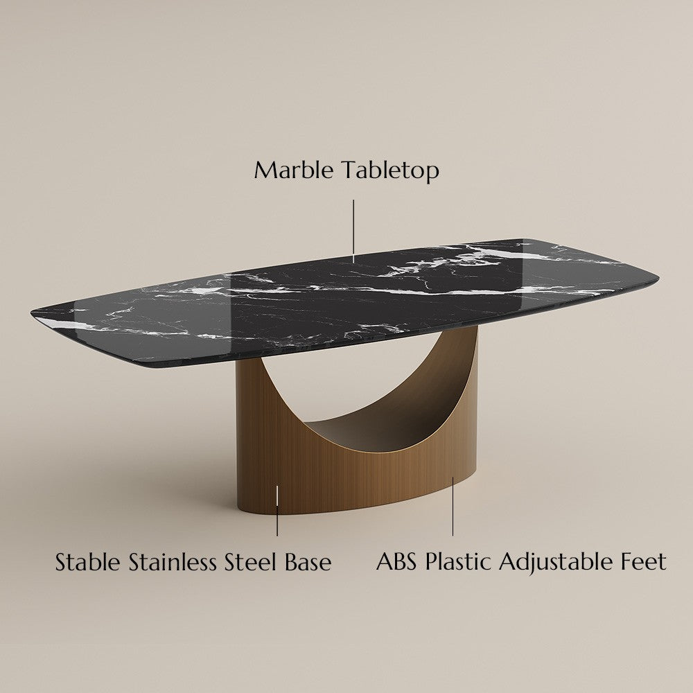 Black marble dining table materials: marble tabletop, stainless steel base, adjustable feet
