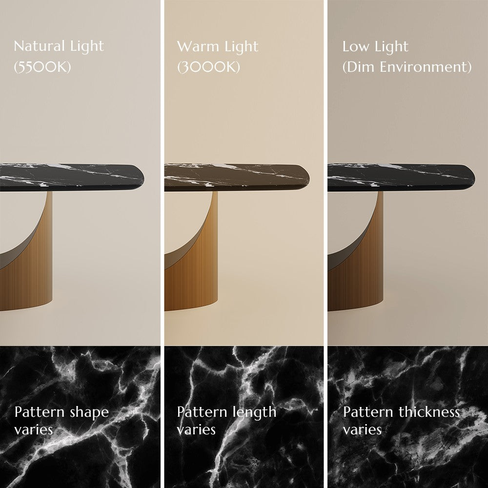 Black marble tabletop shown in natural, warm and low light; veining pattern varies