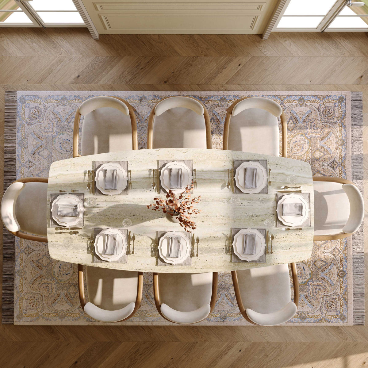 Top-down view of yellow marble rectangular dining table set for eight (chairs not included)