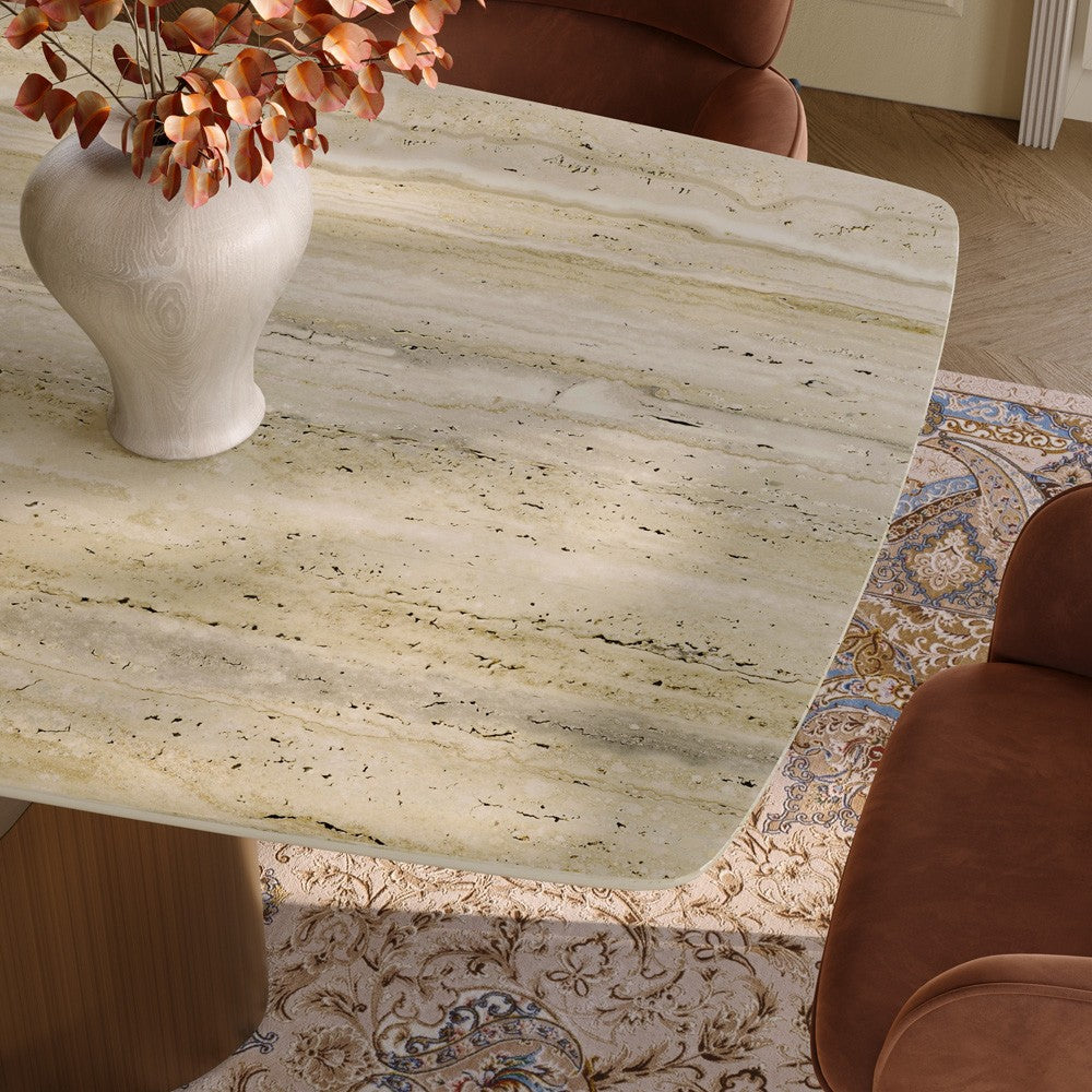 Yellow marble tabletop veining and rounded corner, close-up