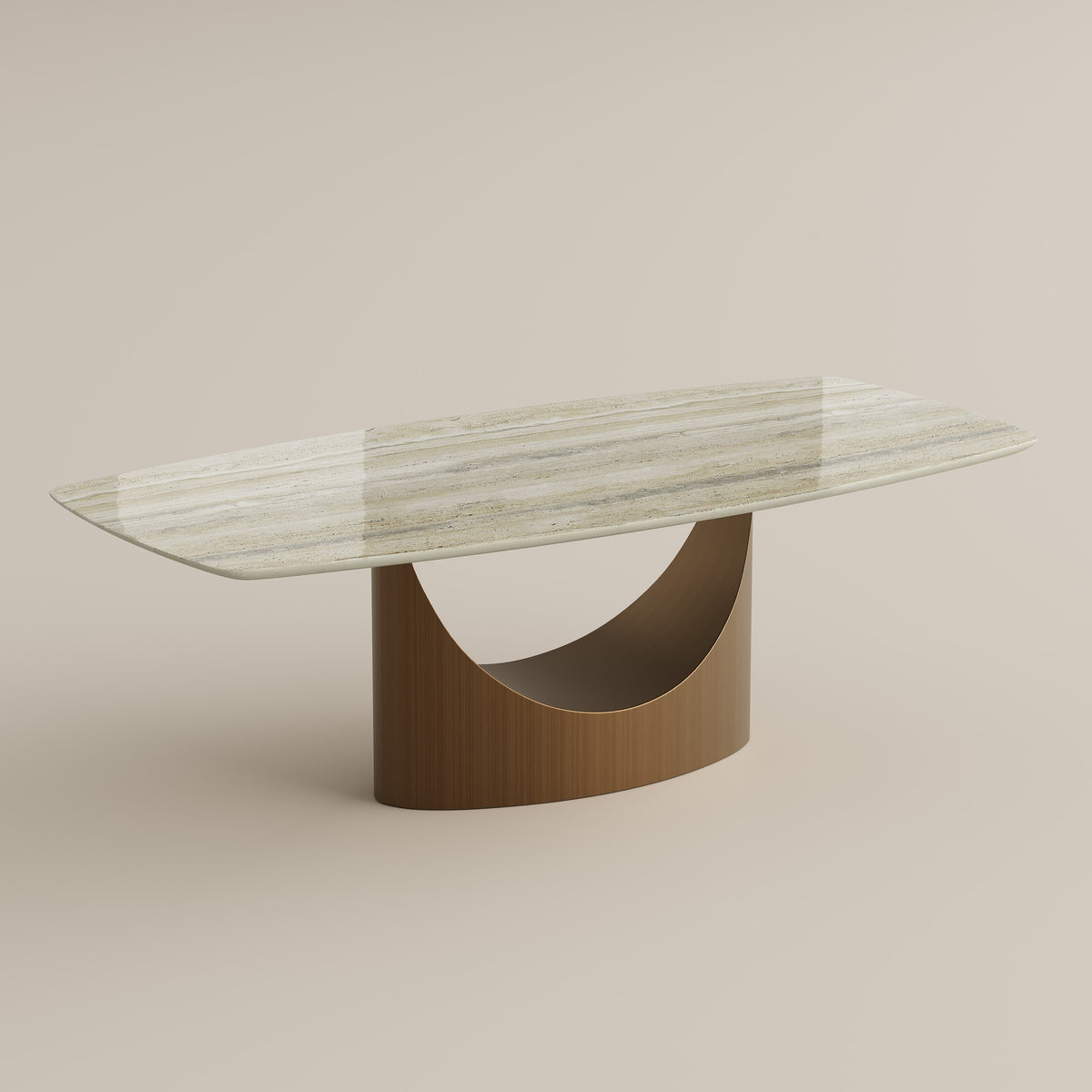 94.5" rectangular yellow marble dining table with bronze pedestal base, studio view