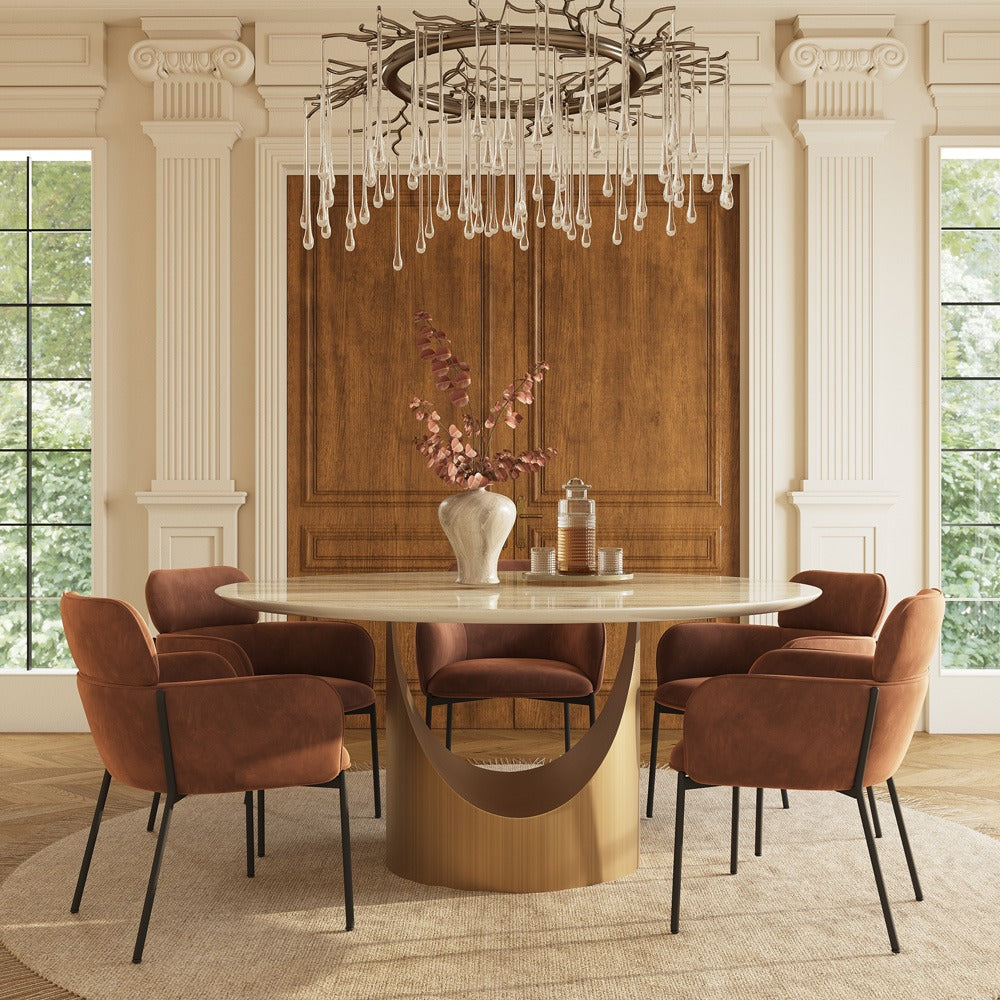 59" round yellow marble dining table with curved bronze pedestal base in a dining room (chairs not included)