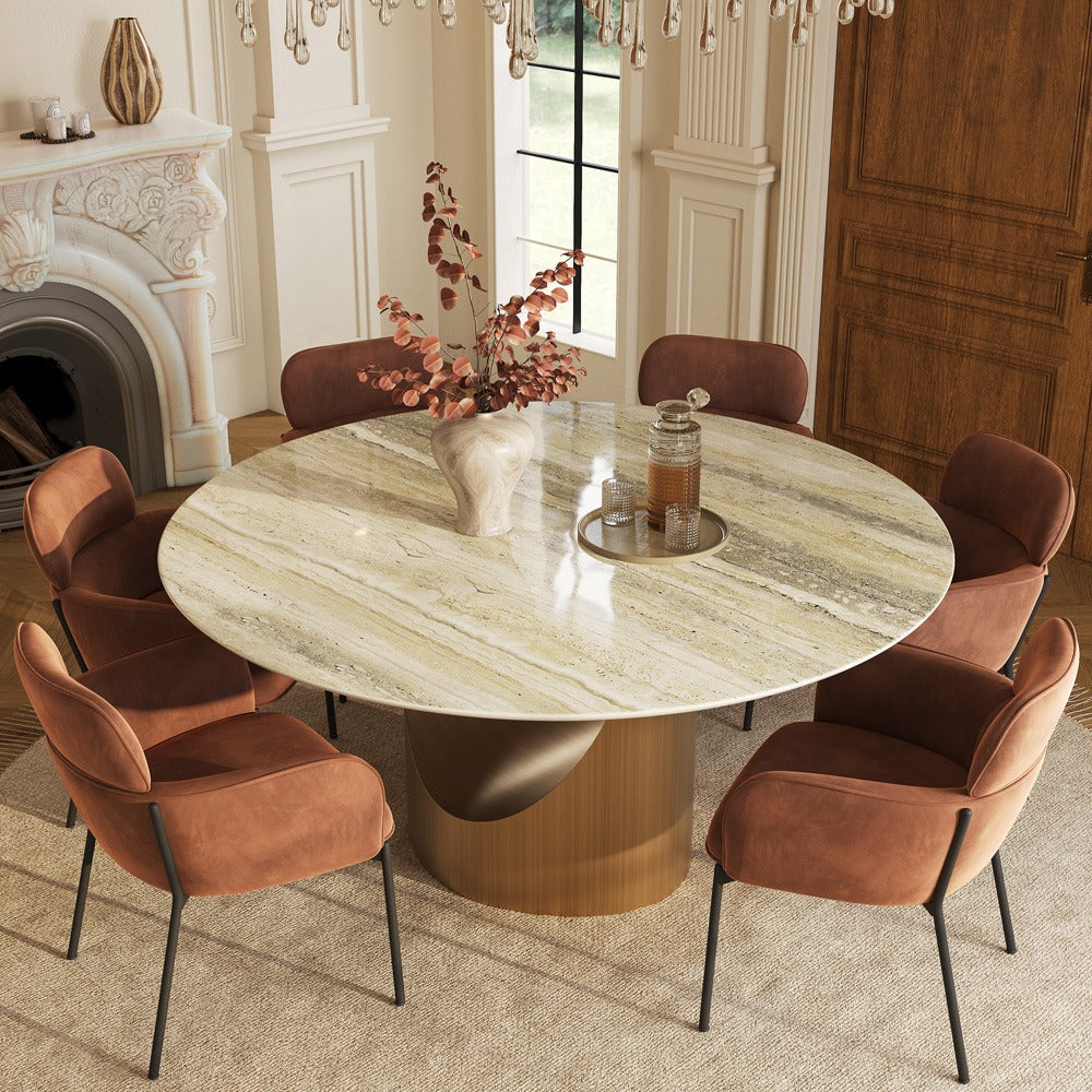 59" round yellow marble dining table, elevated view with bronze pedestal base (chairs not included)