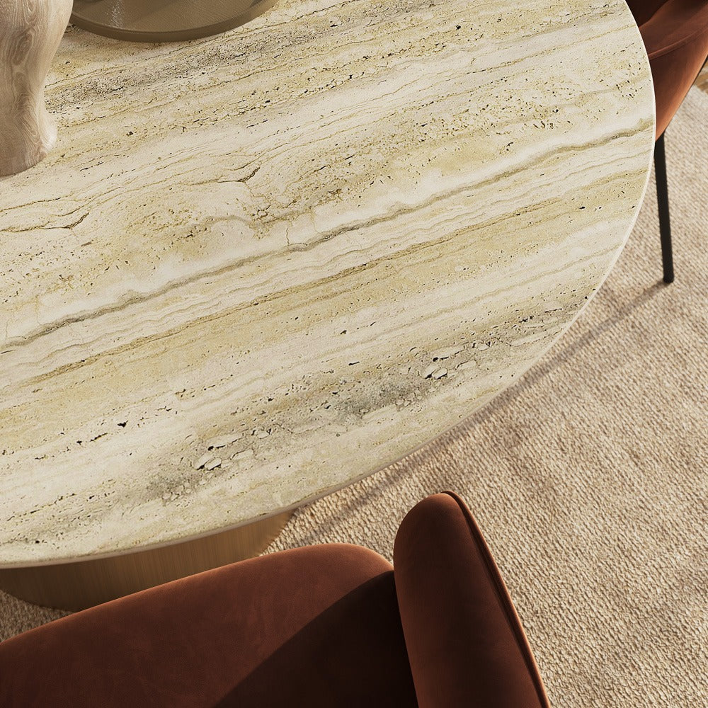 Close-up of natural yellow marble tabletop veining and rounded edge