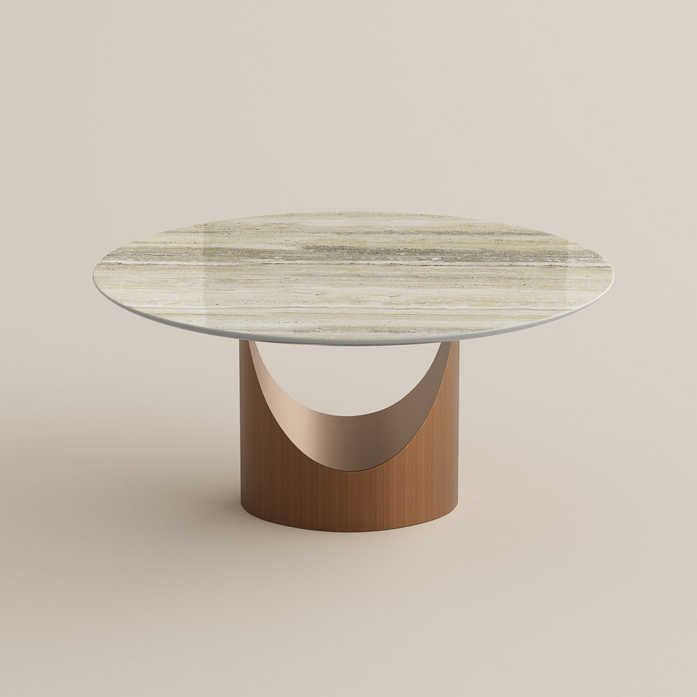 59" round yellow marble dining table with bronze pedestal base, studio view