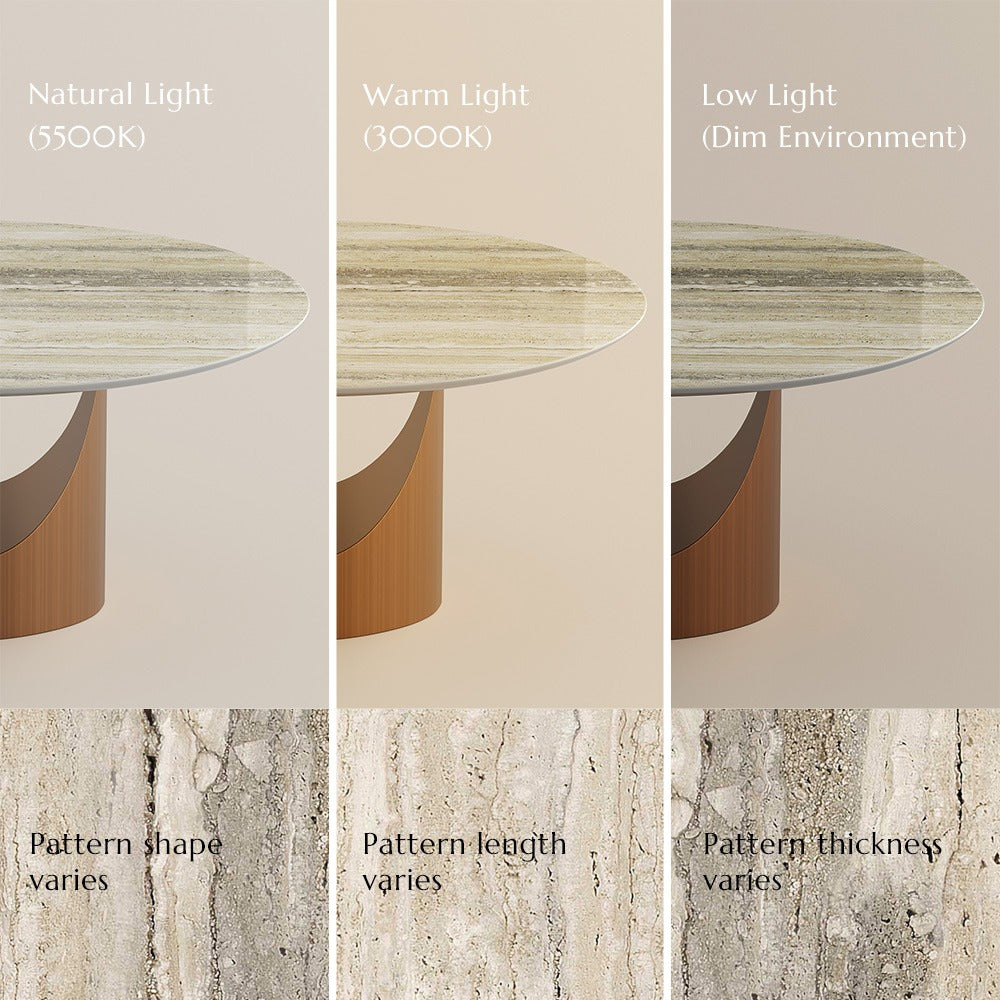 Yellow marble tabletop shown in natural, warm and low light; veining pattern varies