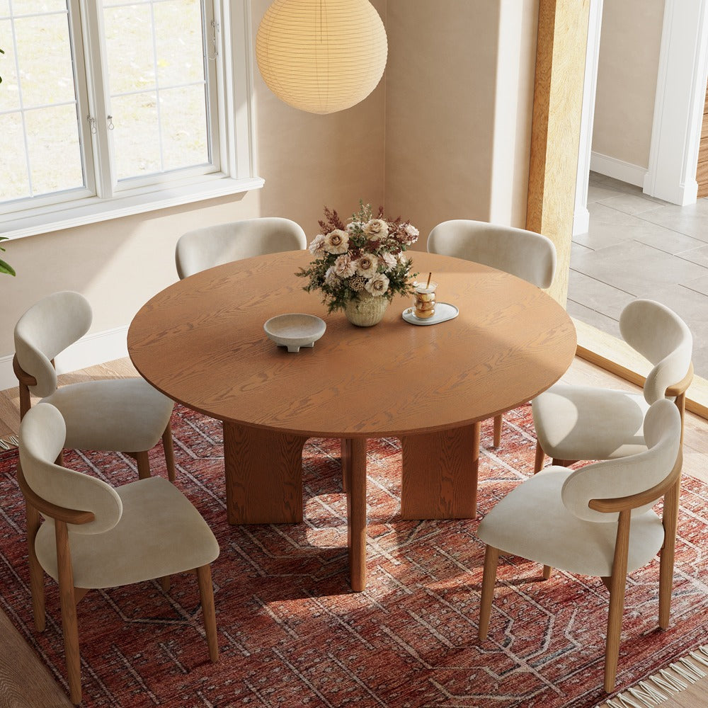 59" round walnut-color dining table, elevated view (chairs not included)