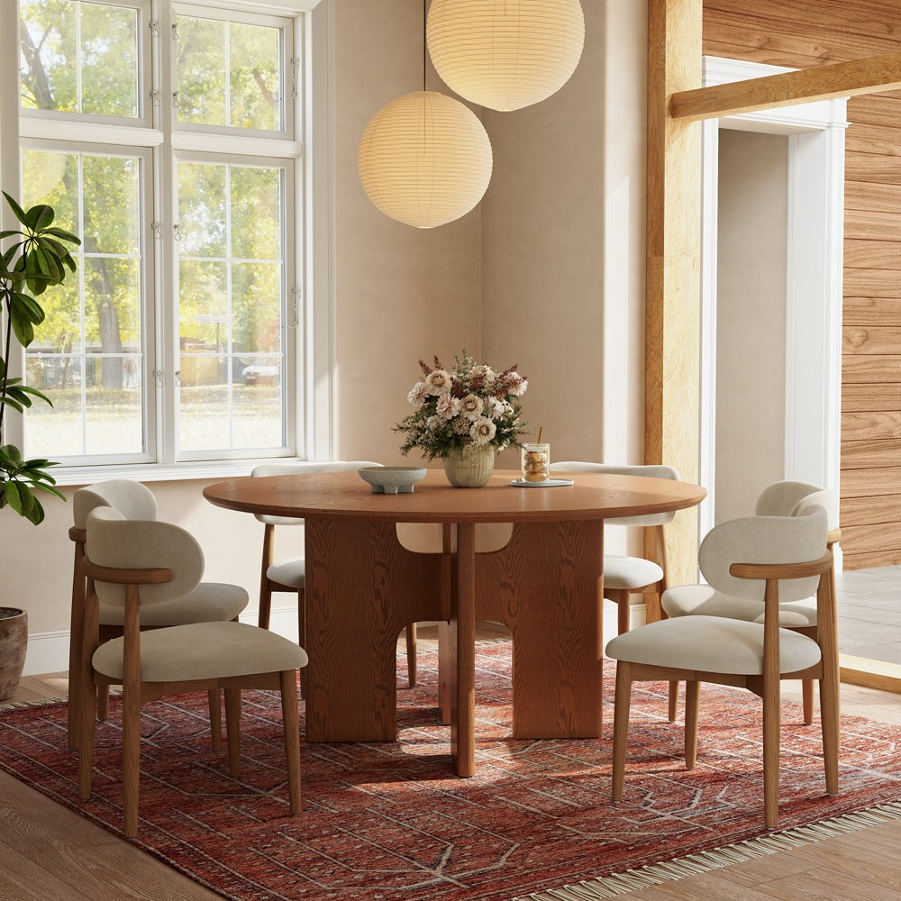 59" round wood dining table with sculptural pedestal base, front view (chairs not included)