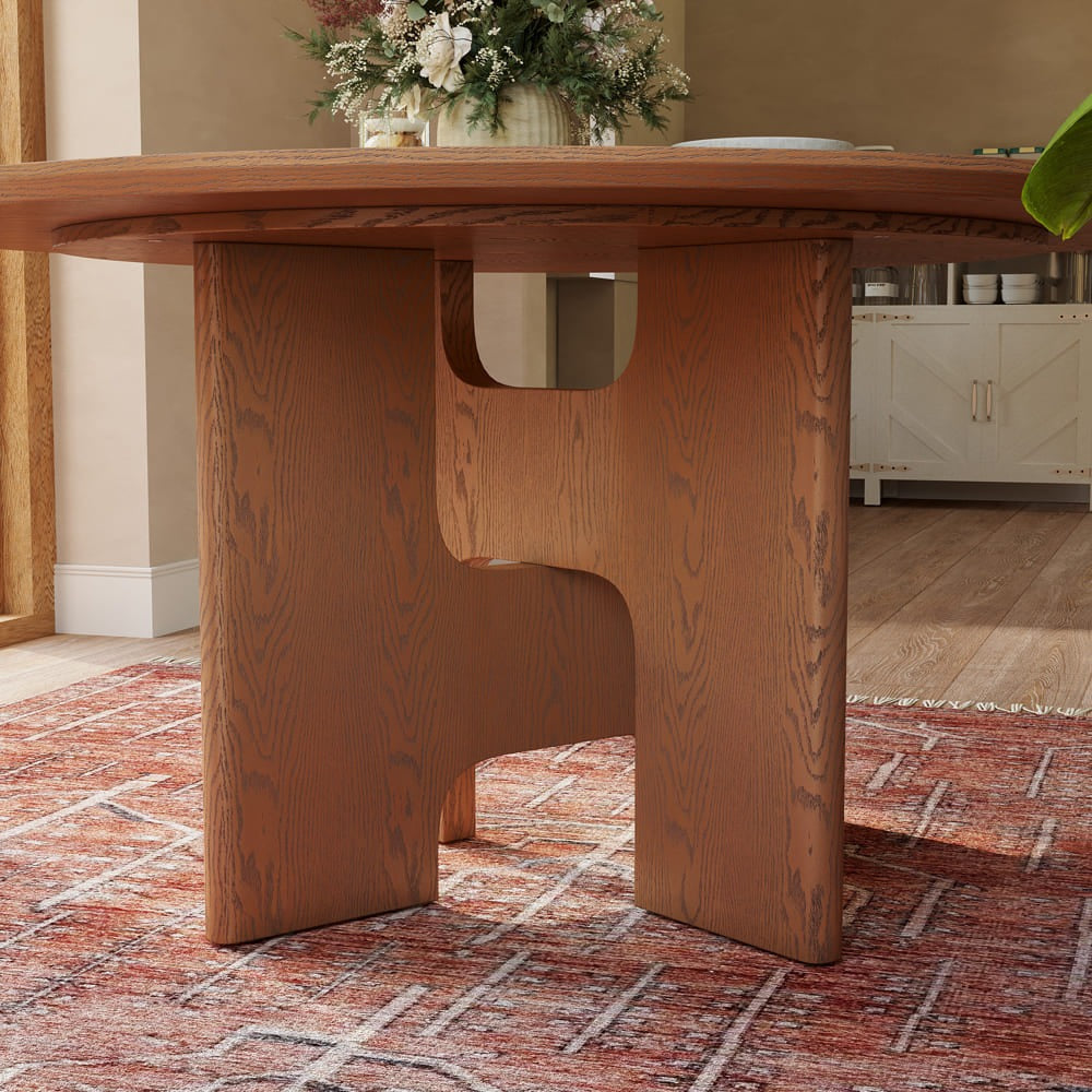 Double-H cross pedestal base in walnut-color wood veneer, close-up
