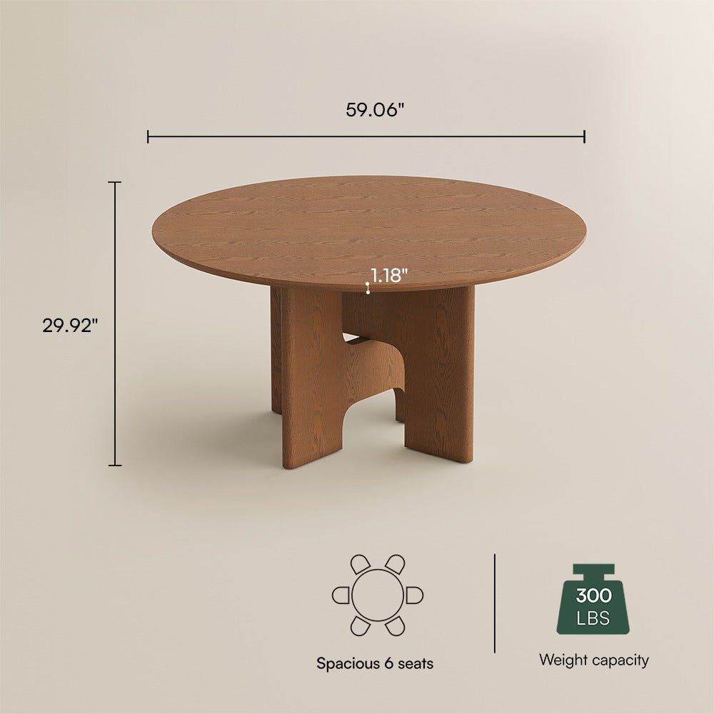 59" round dining table dimensions: 59.06" diameter x 29.92" H, 1.18" top, seats 4–6, 300 lb capacity