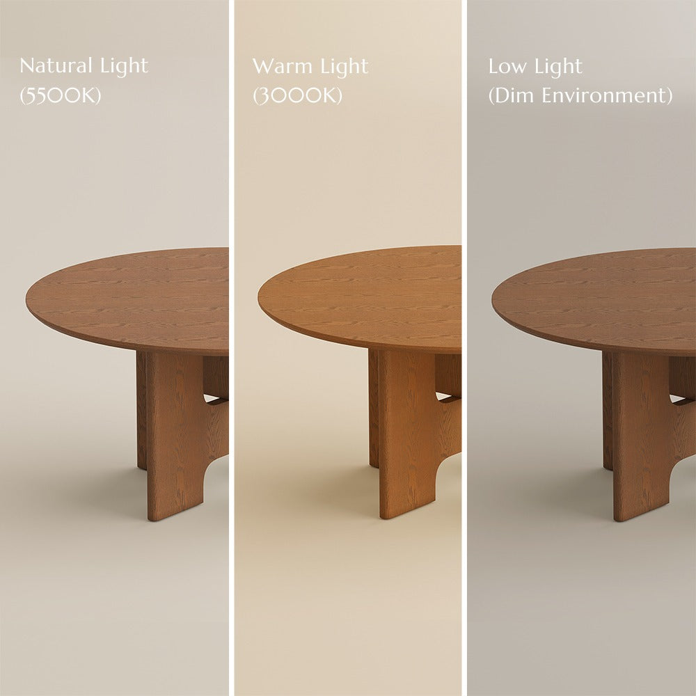 Walnut-color round dining table shown in natural, warm and low light