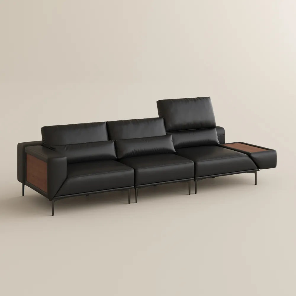 125in Modern and stylish eco-friendly genuine leather sofa with rotatable armrests and adjustable headrests.