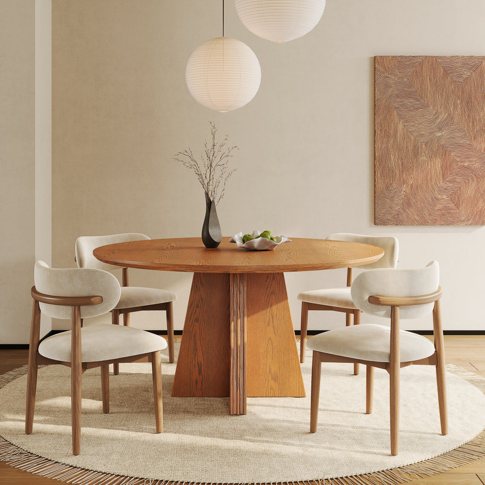Silva 59" round wood dining table in walnut color with fluted pedestal base, dining room setting
