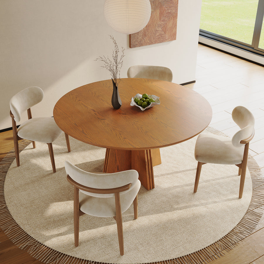 Silva 59" round walnut dining table, overhead view (chairs not included)