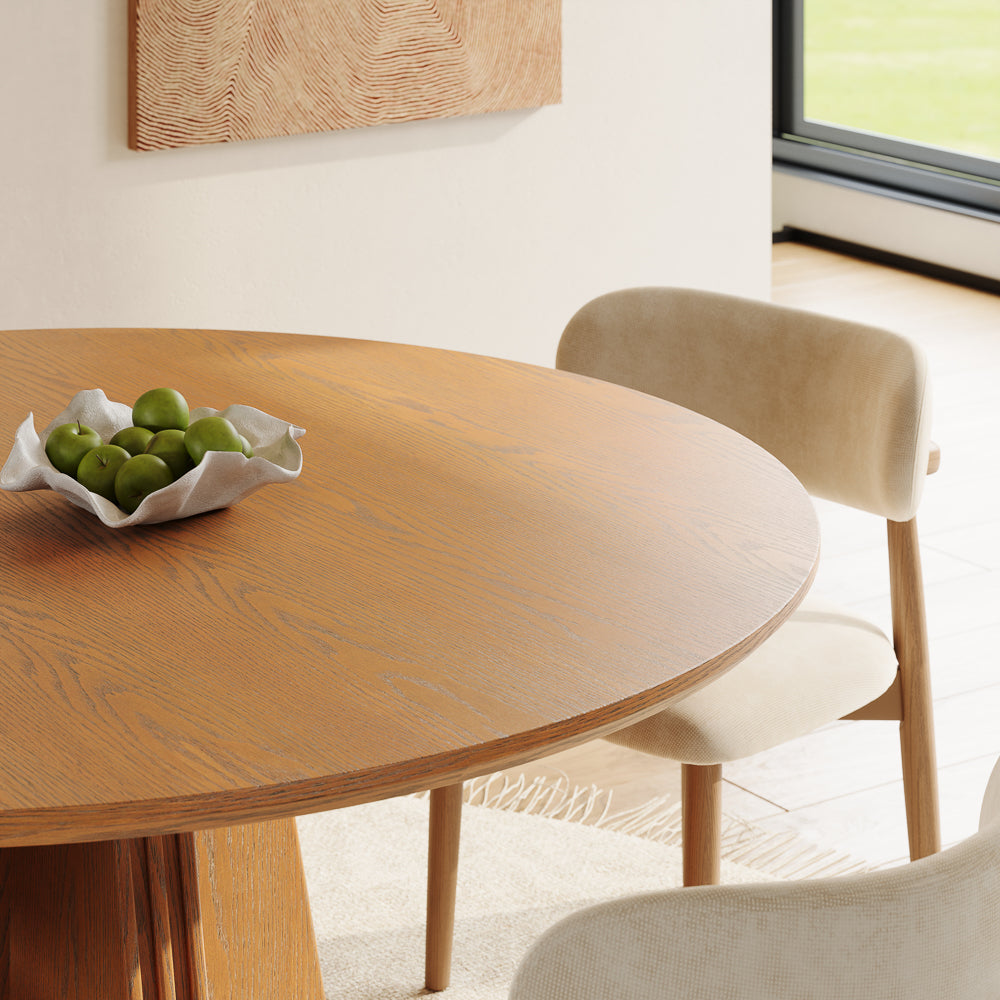 Close-up of Silva walnut round tabletop edge and wood grain