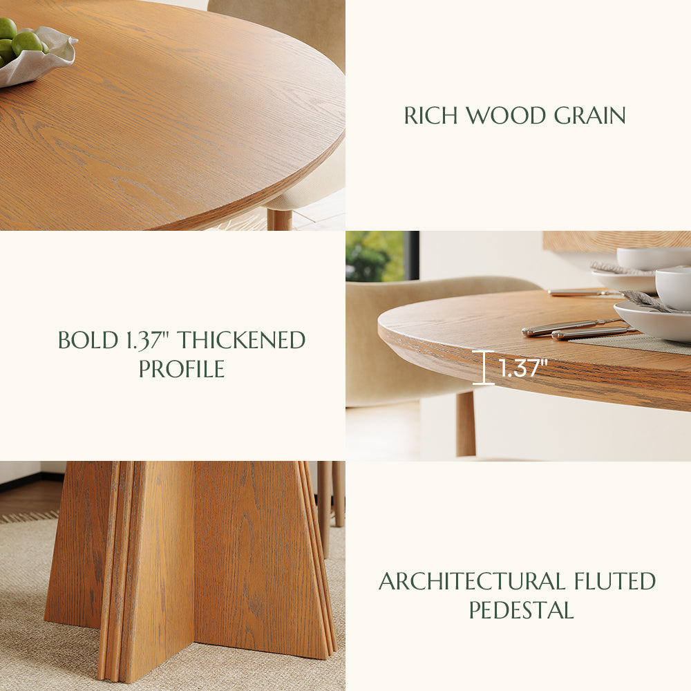 Silva round dining table features: rich wood grain, 1.37" thick profile, fluted pedestal