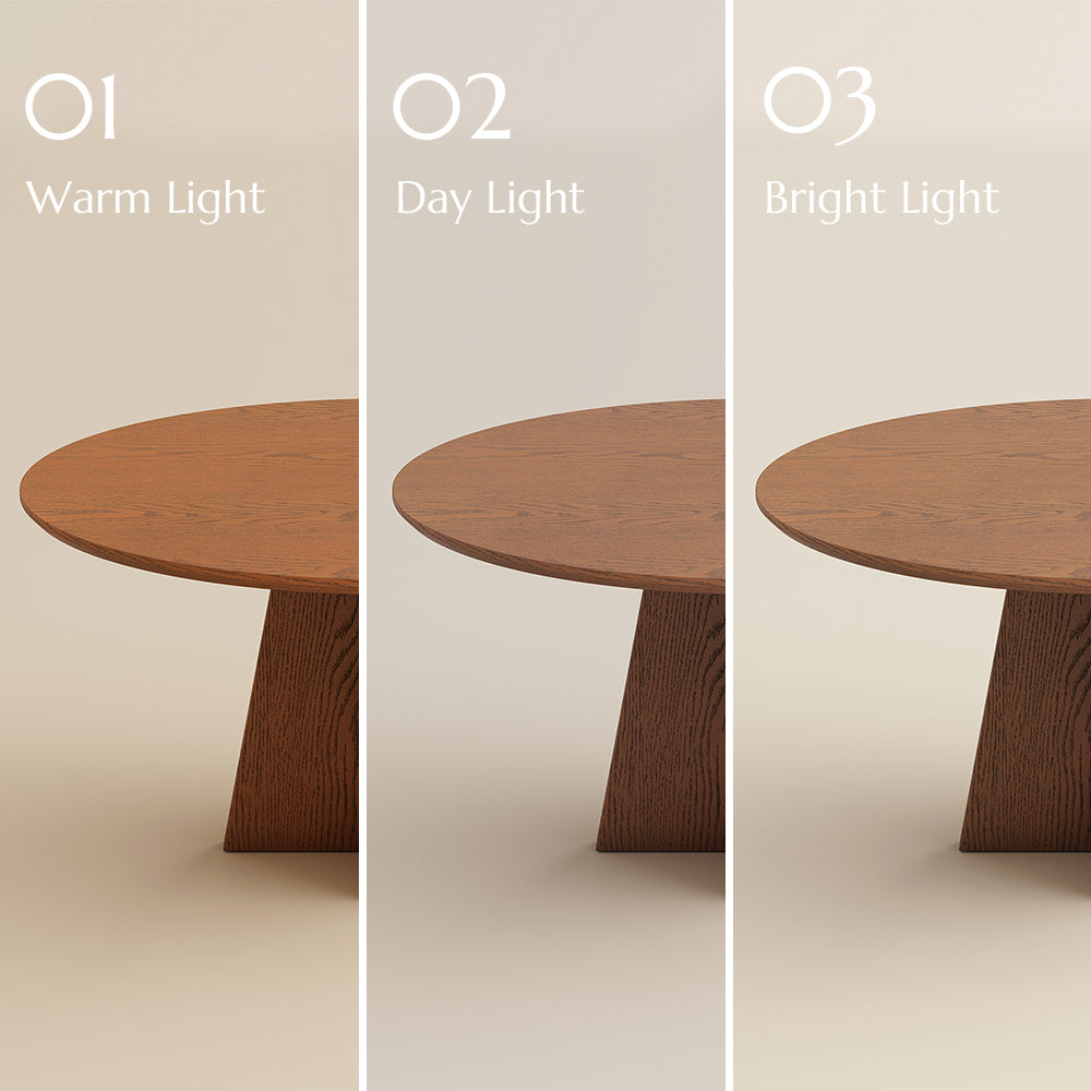 Silva walnut round dining table shown in warm, day and bright light