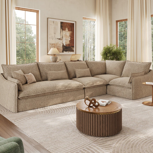 Khaki L-shaped sectional sofa with deep seats in a bright living room