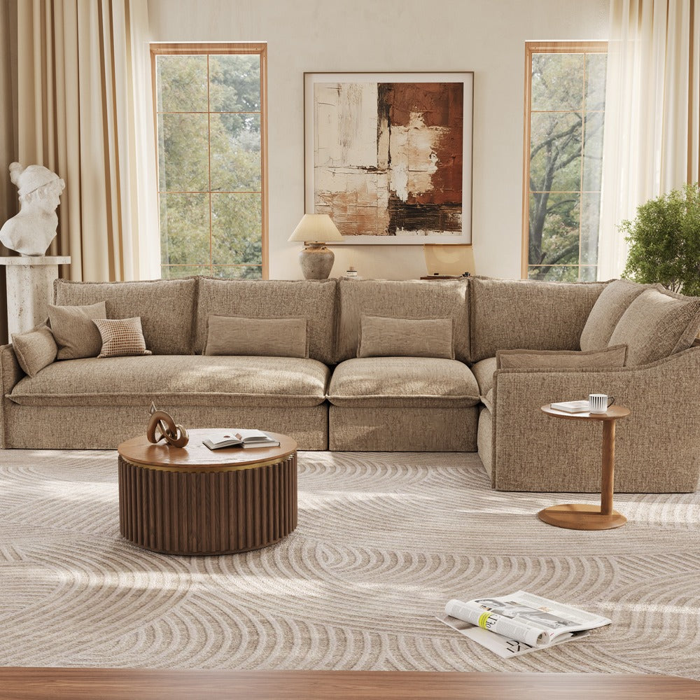 Khaki 5-seat L-shaped sectional sofa, front view in a living room