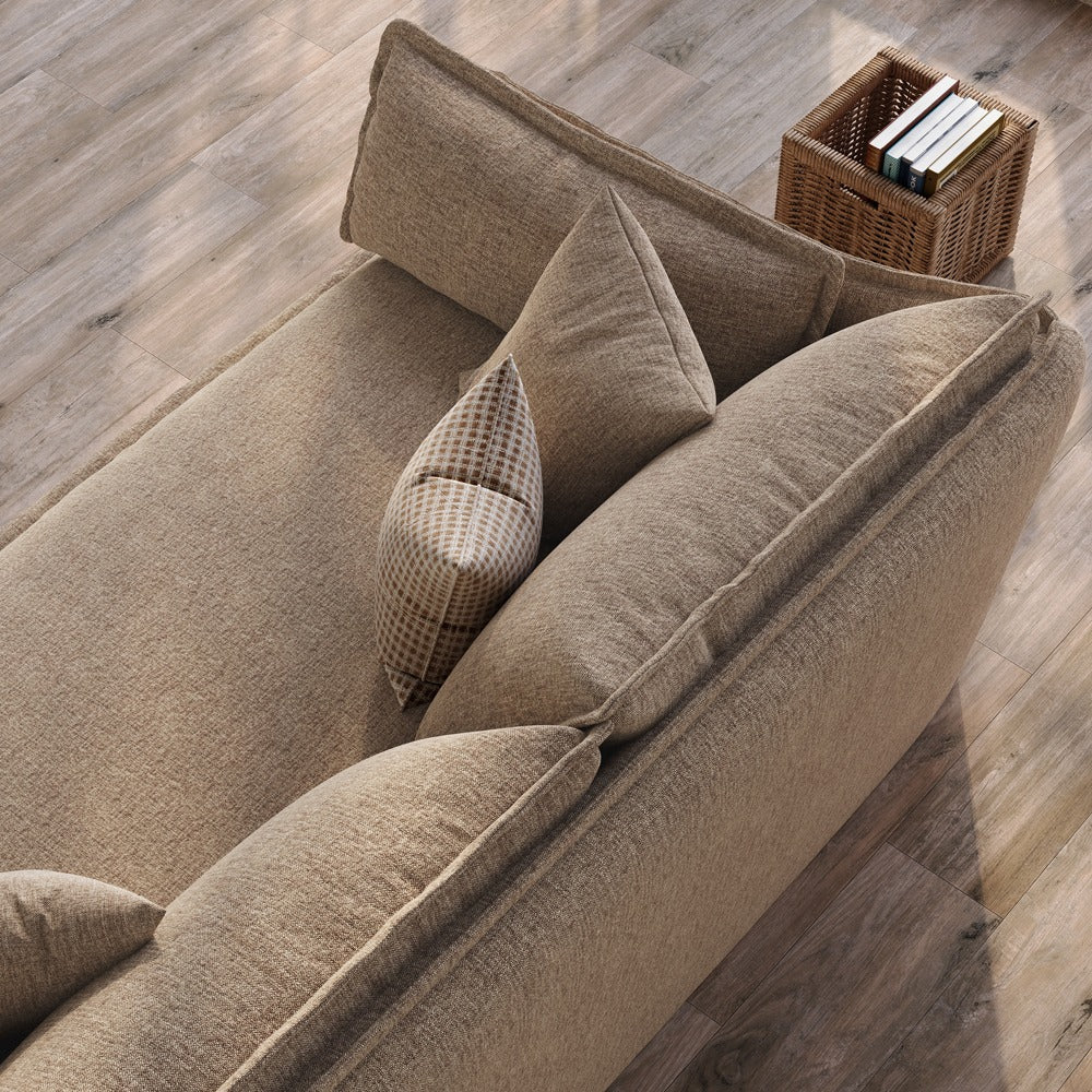 Detail of khaki cotton-linen cushions and back pillows