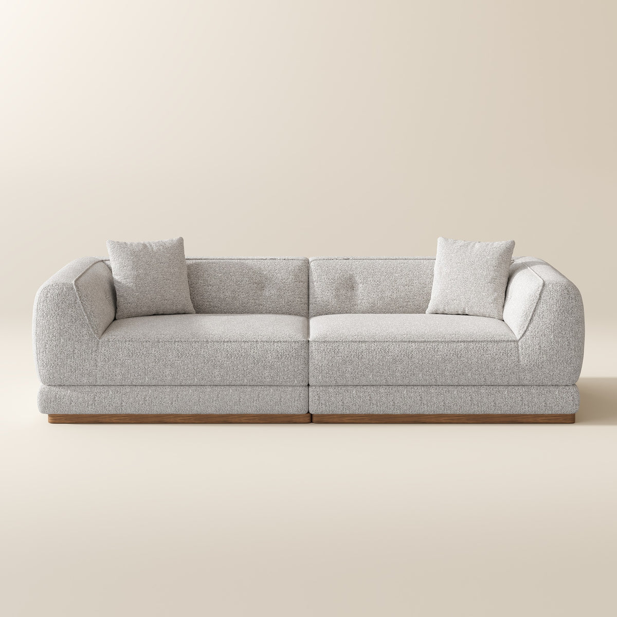 Light gray chenille sofa, front view on a plain background