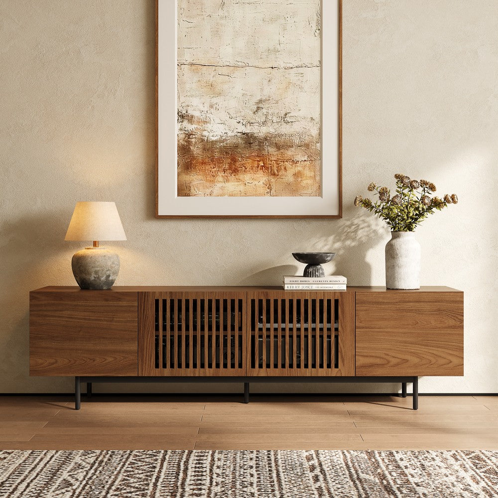 78.74" walnut-color slatted TV stand with black metal legs in a living room