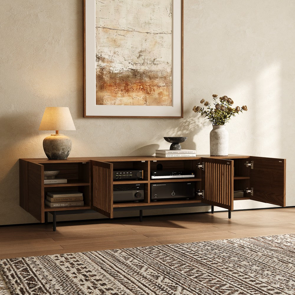TV stand with all four doors open showing interior shelves and storage