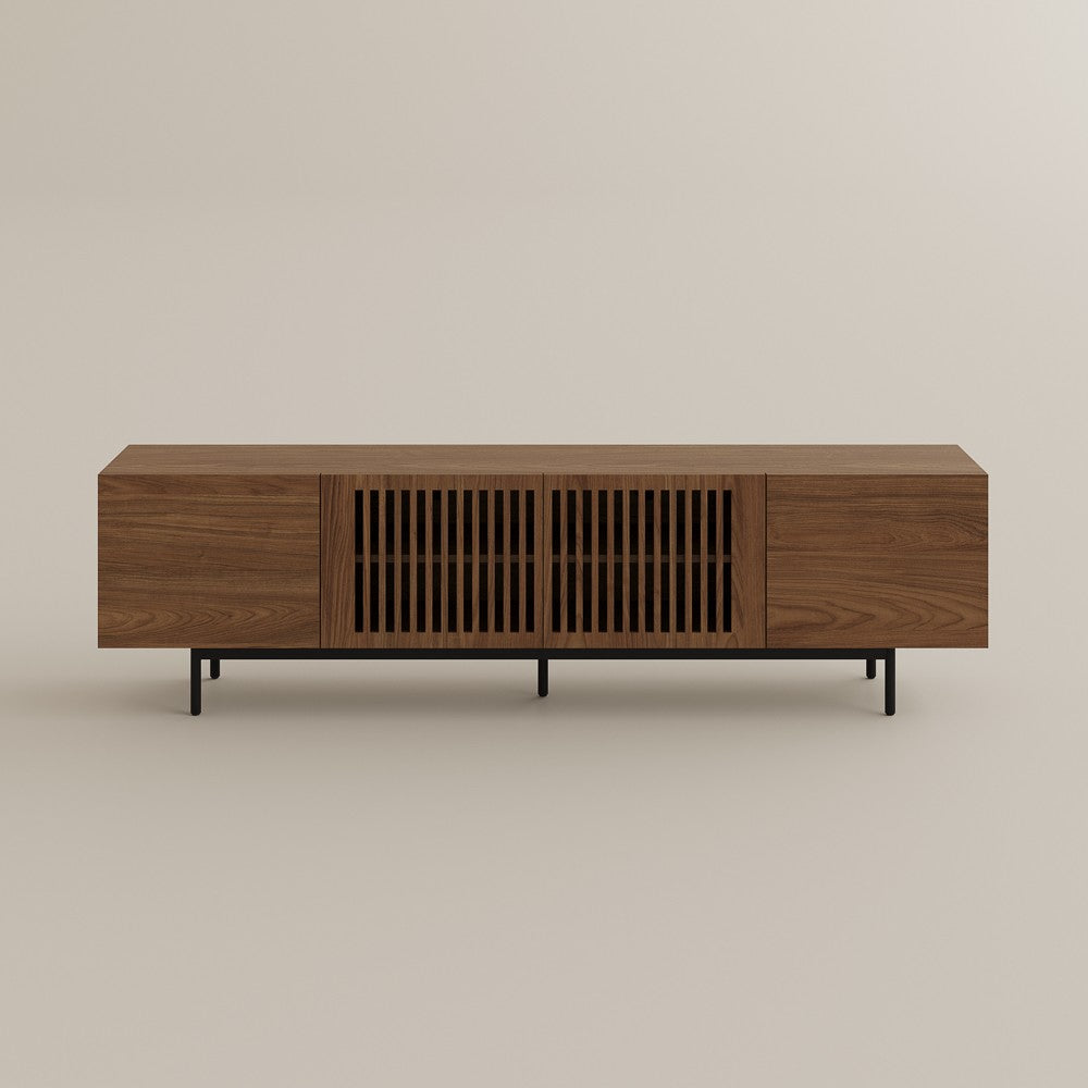78.74" walnut-color slatted TV stand, front studio view