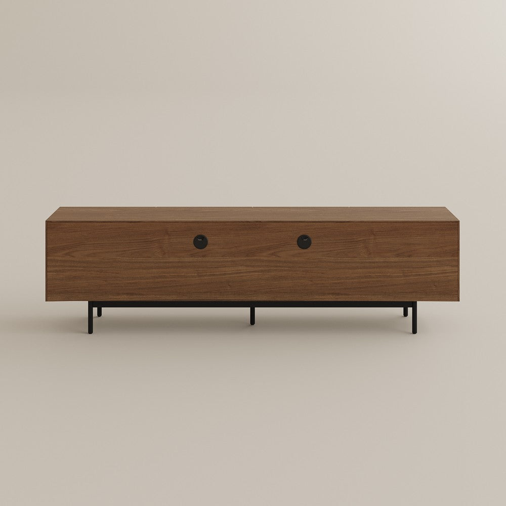 Back of TV stand showing two cord management cutouts
