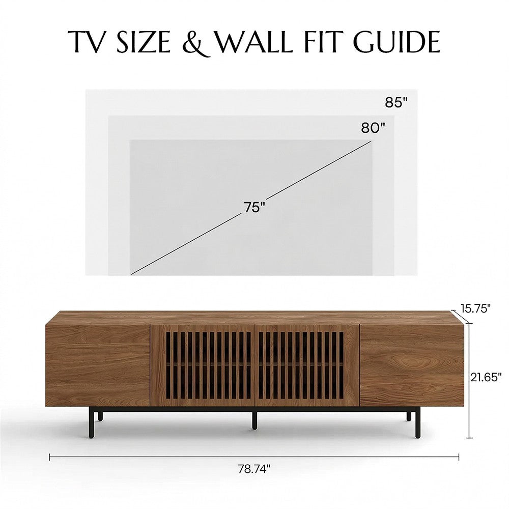 TV stand size and TV fit guide: 78.74" W x 15.75" D x 21.65" H